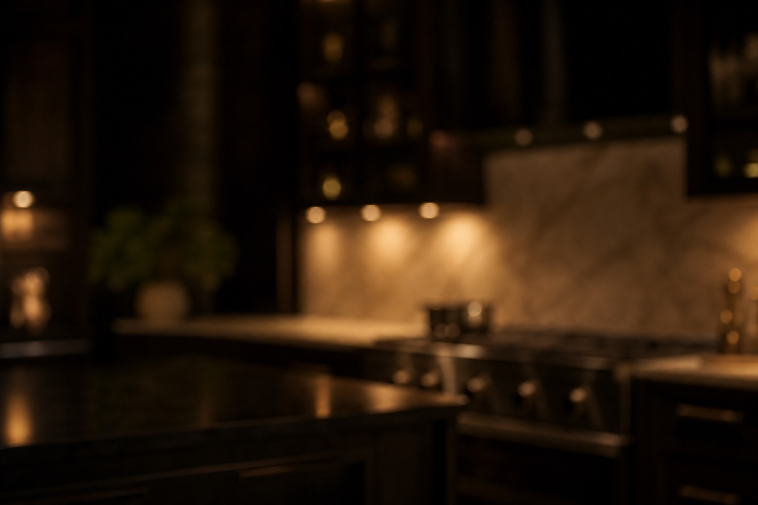 Dark luxury Atherton estate kitchen at night