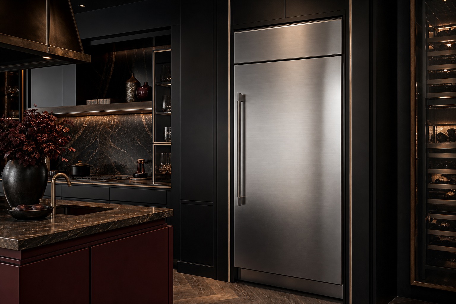 GE Monogram professional range and built-in refrigeration in an Atherton estate kitchen