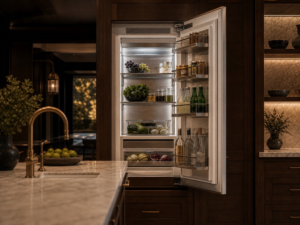 Viking built-in refrigerator with the ice maker drawer open in an Atherton estate kitchen
