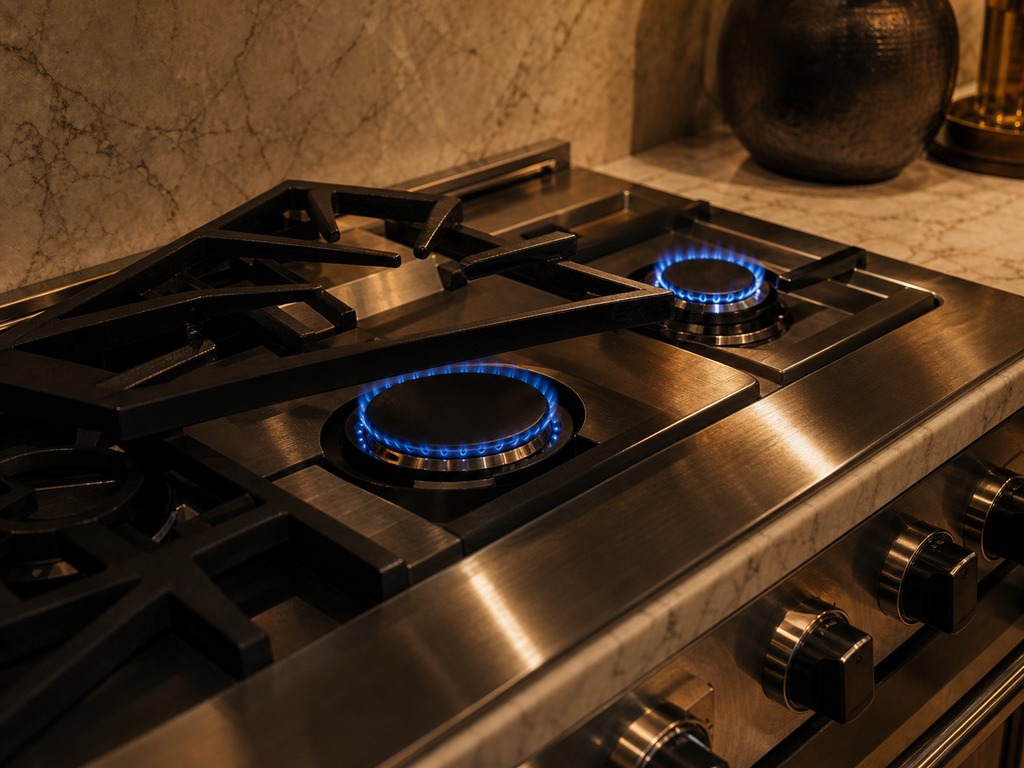 Viking sealed-burner gas cooktop with blue flames set into an estate kitchen island