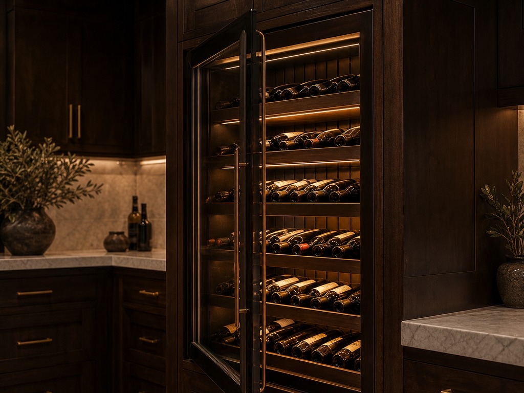 Built-in wine column with tinted UV glass and dual-zone storage in an Atherton kitchen