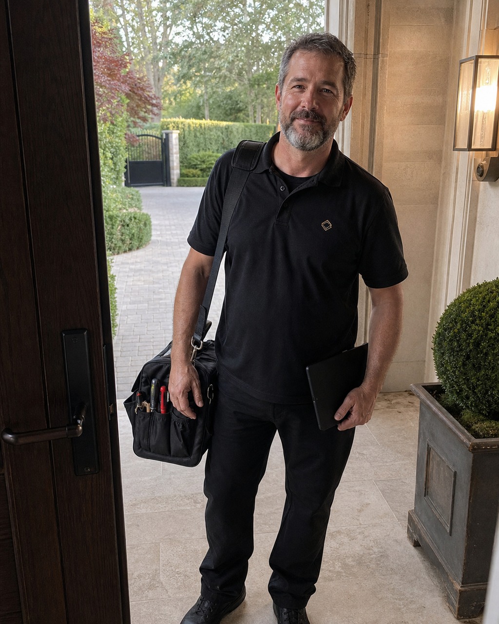 Technician arriving at the front door of an Atherton estate with tools and shoe covers