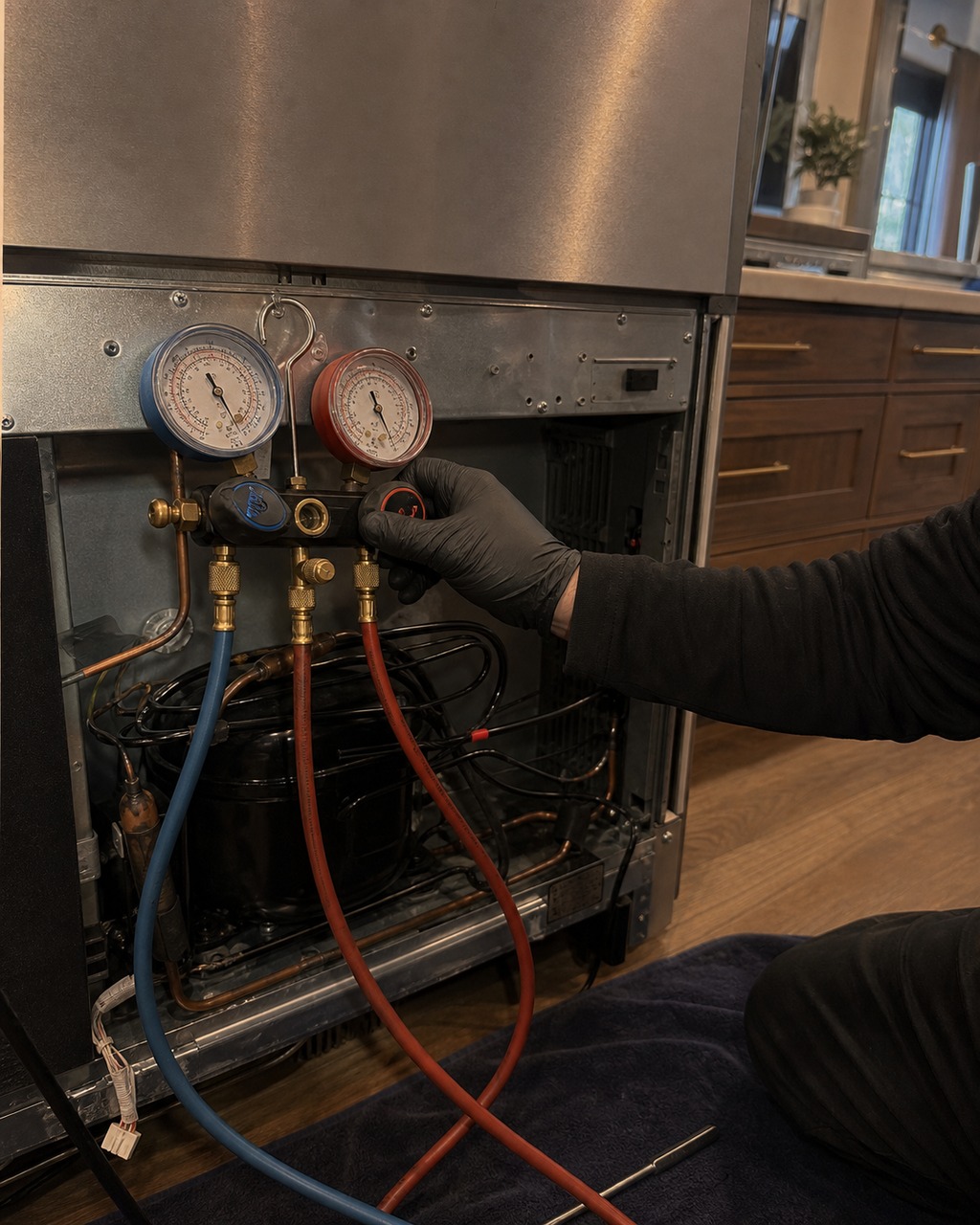 Refrigeration technician testing the water inlet valve and fill line on a Viking built-in ice maker